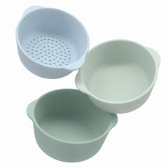 Inspire My Play nesting bowls and sieve in green for organized, mess-free play.