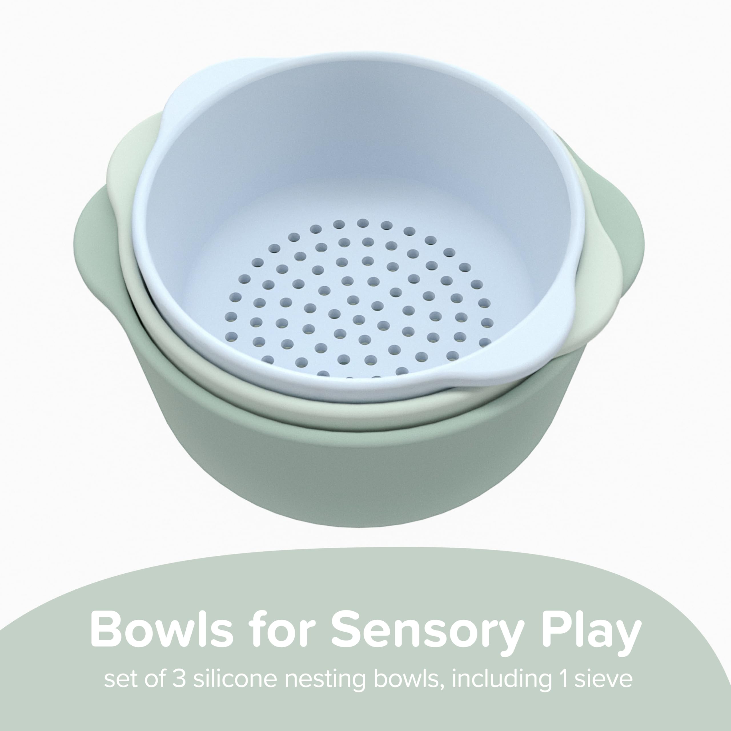 Inspire My Play green nesting bowls ready for wet and dry sensory activities.