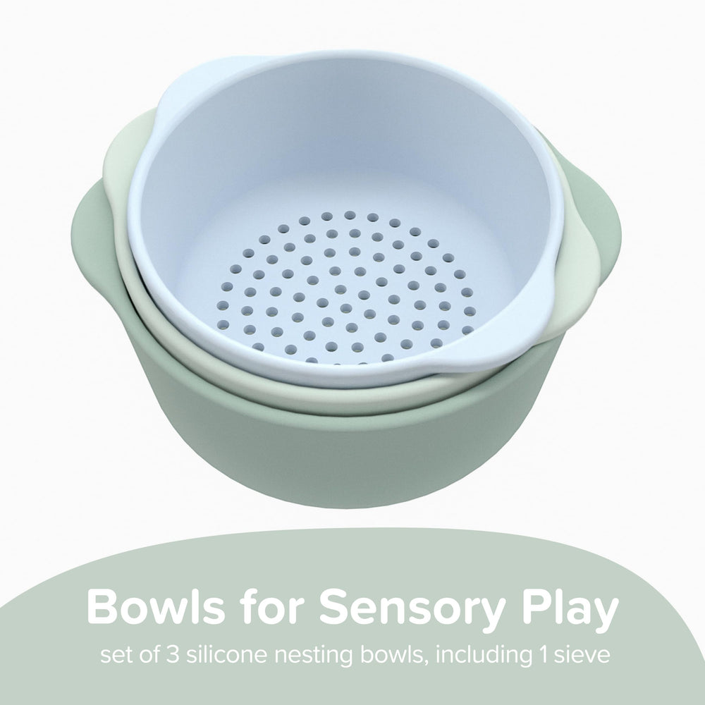 Inspire My Play green nesting bowls ready for wet and dry sensory activities.