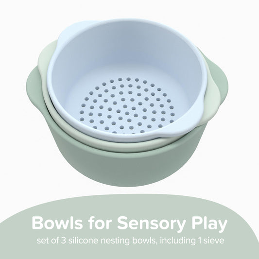 Inspire My Play green nesting bowls ready for wet and dry sensory activities.