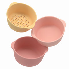 Inspire My Play coral nesting bowls stacked for easy, mess-free play.