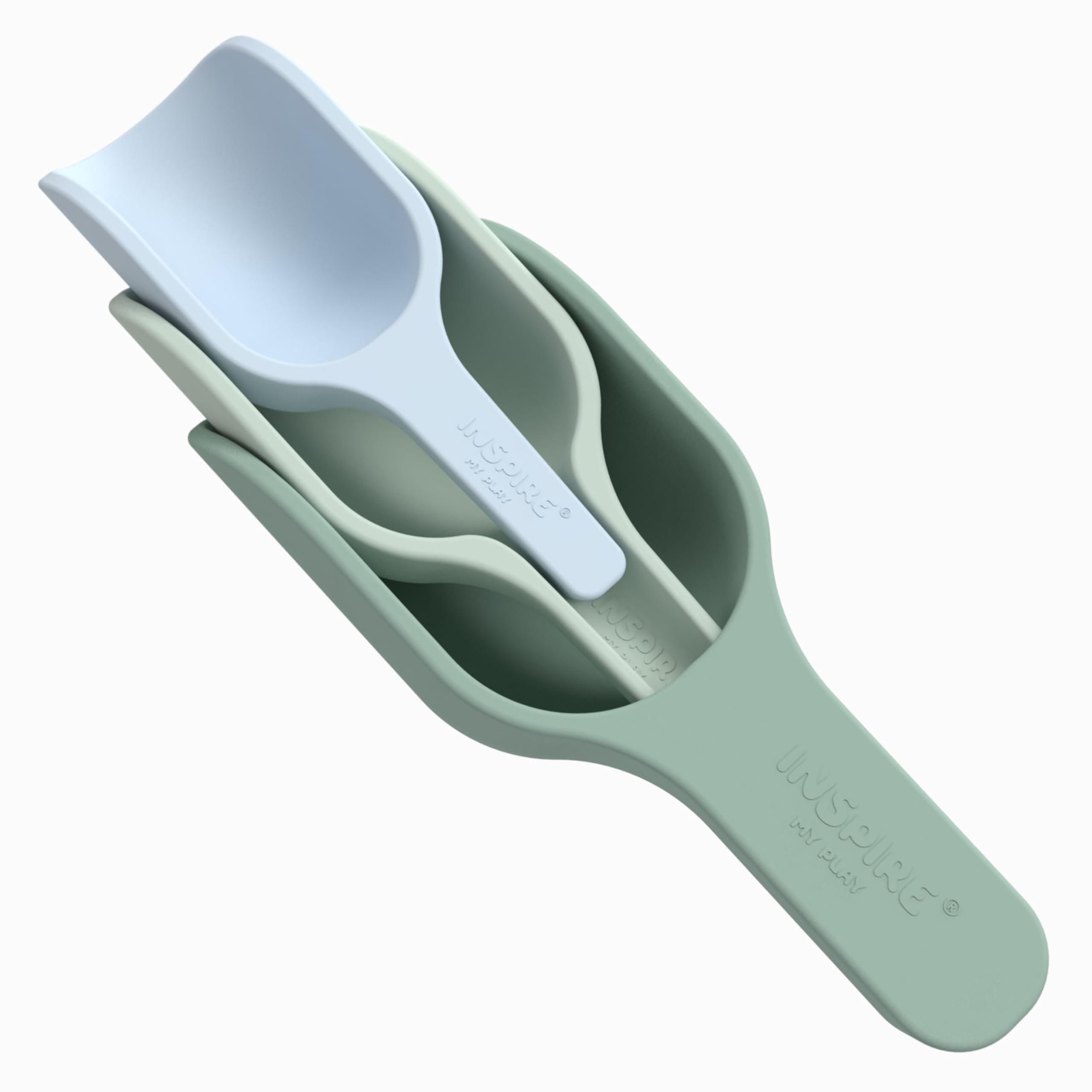 Inspire My Play silicone nesting scoops green, easy-to-stack for tidy storage.