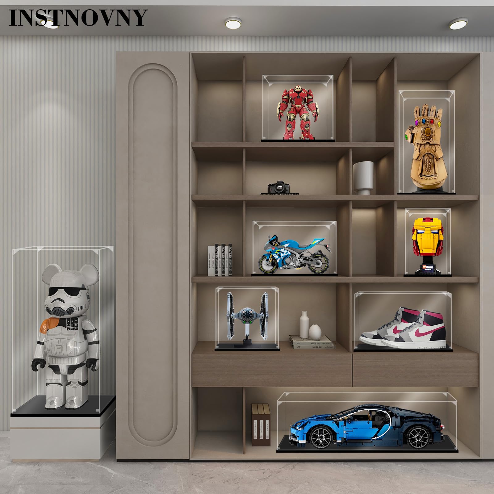 Instnovny acrylic display case bottom mirrored panel adding depth to display