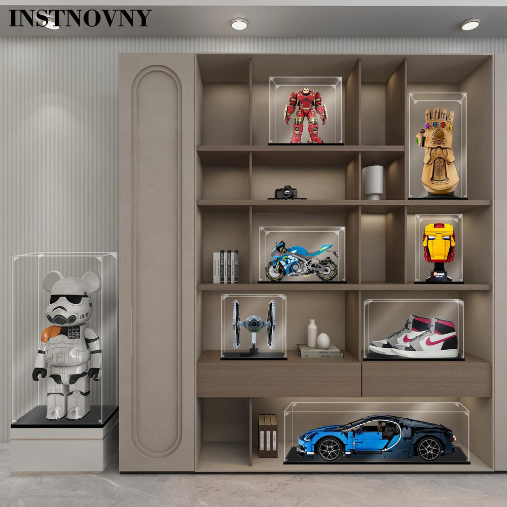 Instnovny acrylic display case bottom mirrored panel adding depth to display