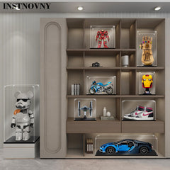 Instnovny acrylic display case bottom mirrored panel adding depth to display
