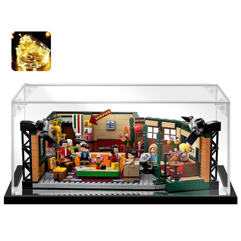 Instnovny acrylic display case front view showing clear visibility of collectibles with dust protection