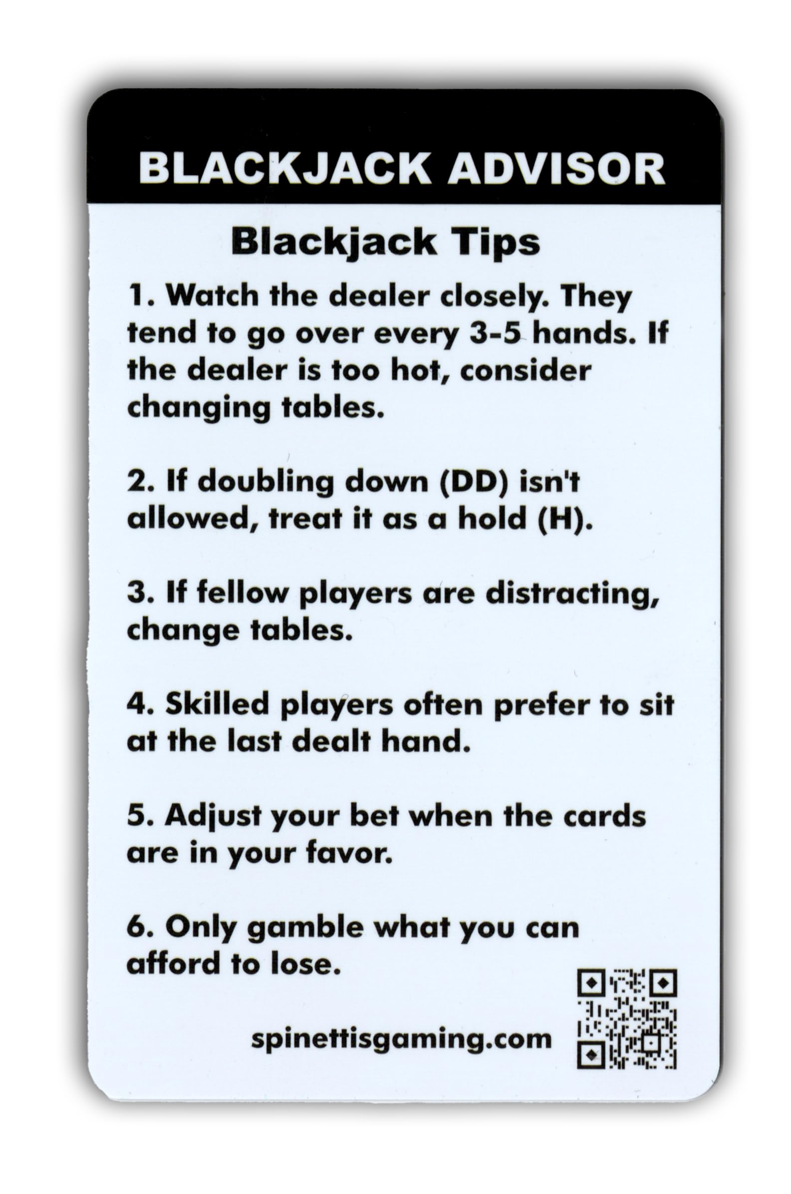 Instructional Services basic strategy card on table during play