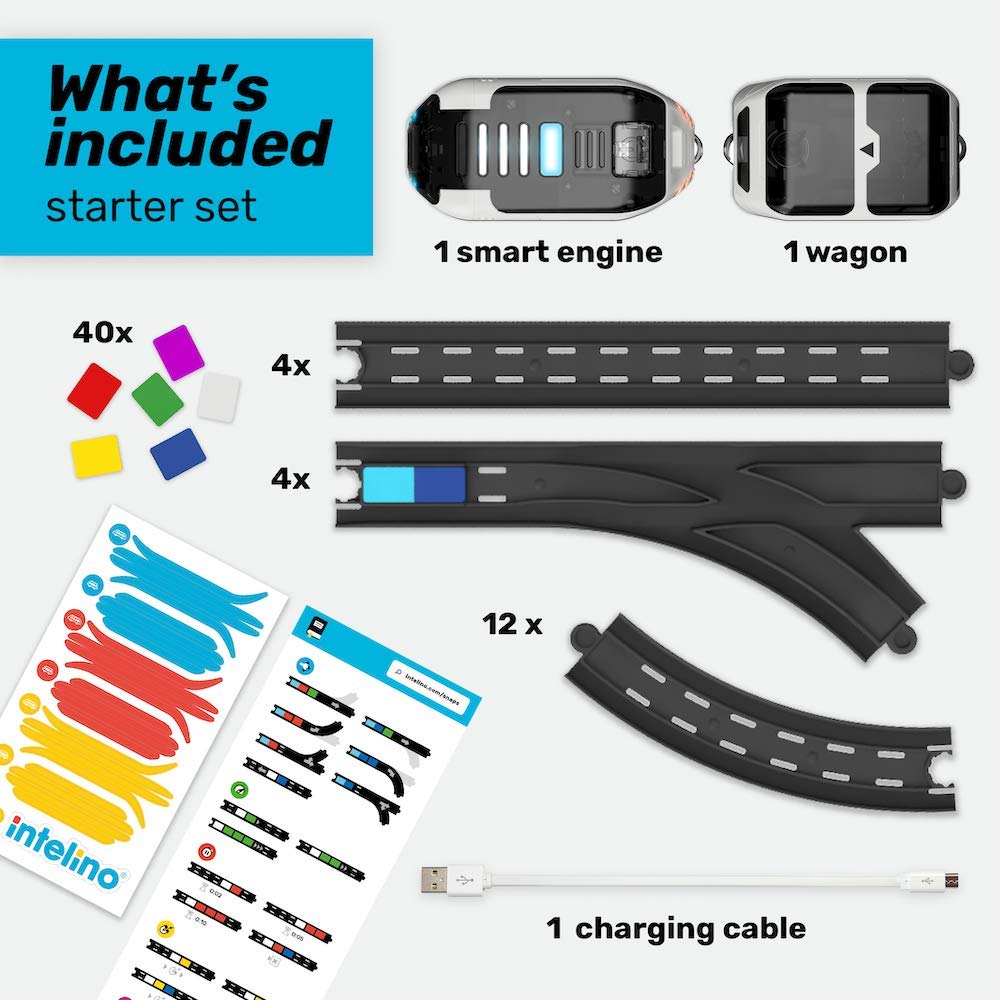 Intelino USB charging cable keeps trains powered during long play sessions.