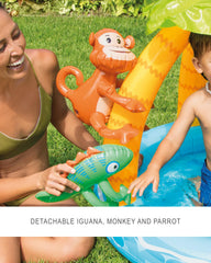 Intex tropical island pool includes drain plug for easy drainage.