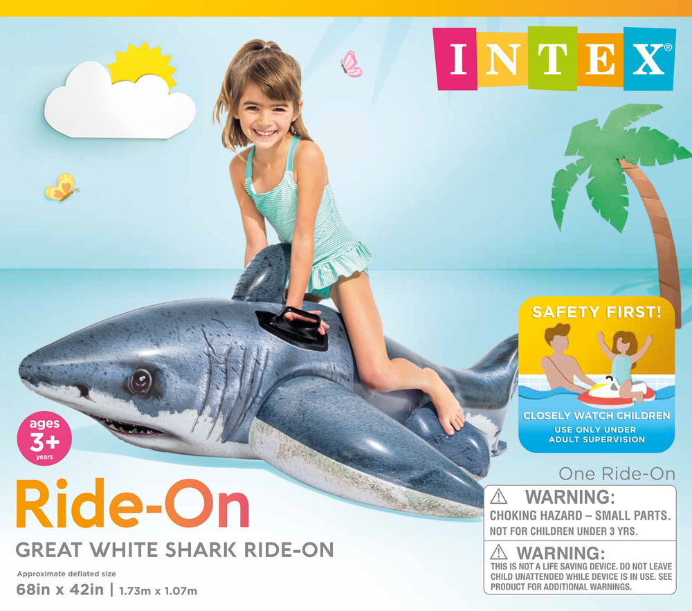Intex Great White Shark Float packaged image ready for pool-season