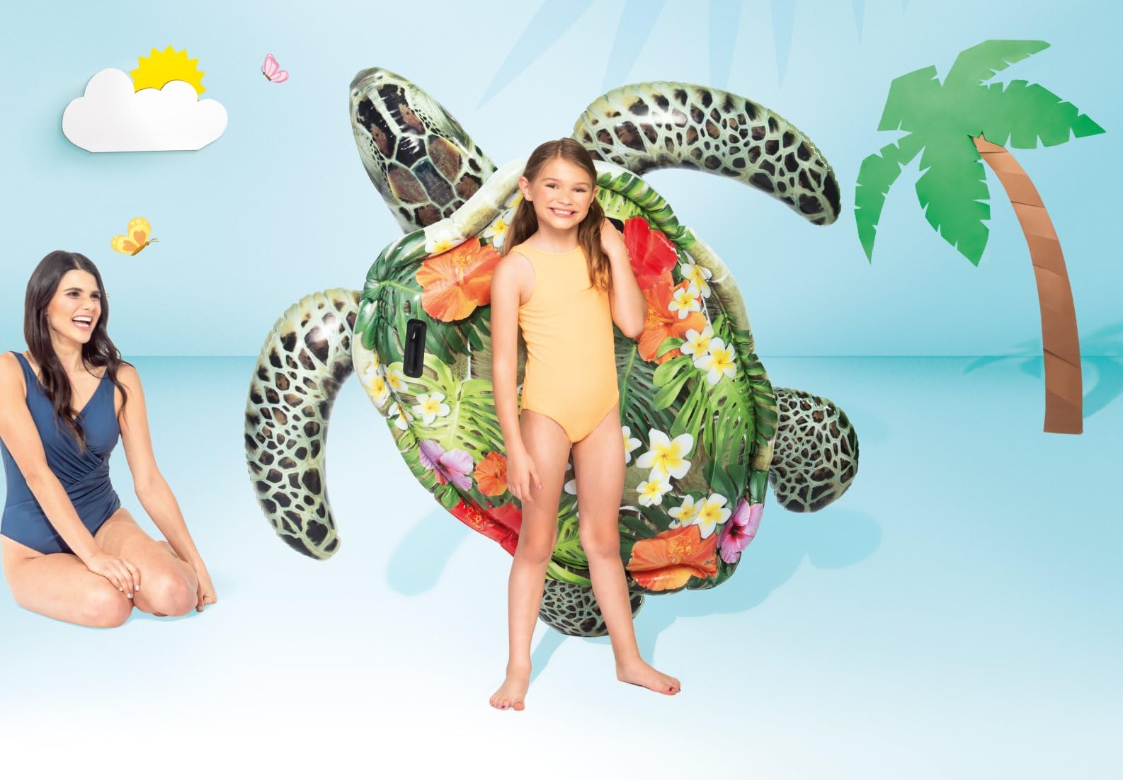 Intex inflatable turtle with sturdy handles for added water stability.