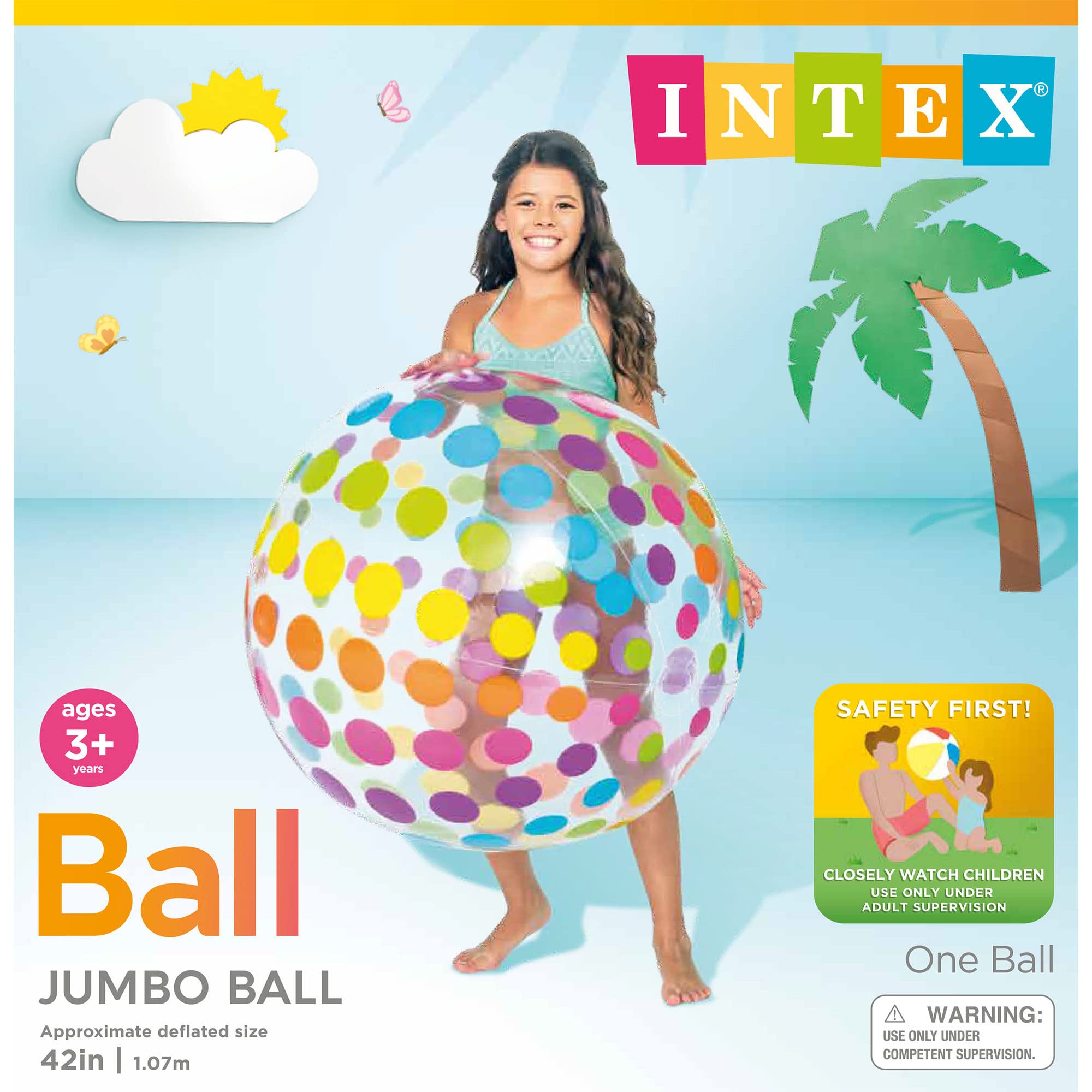 Intex Jumbo Ball for ages 3+, supervised play near pools and yards.