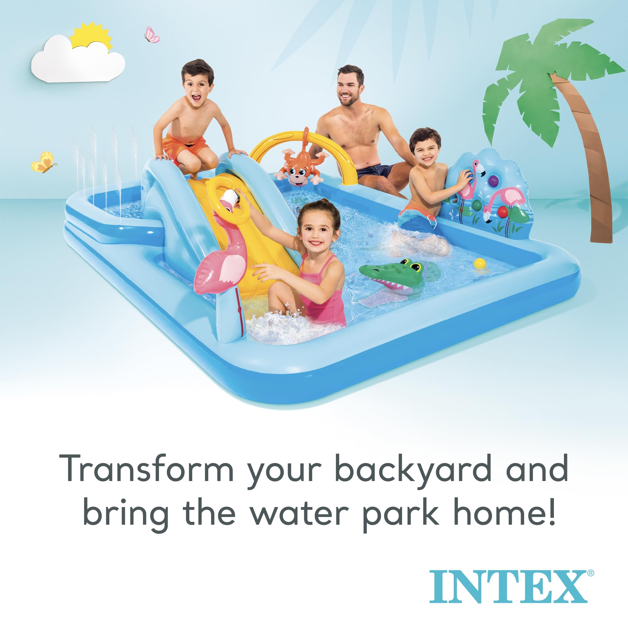 Intex Jungle Adventure Play Center flamingo detail enhances the tropical vibe.