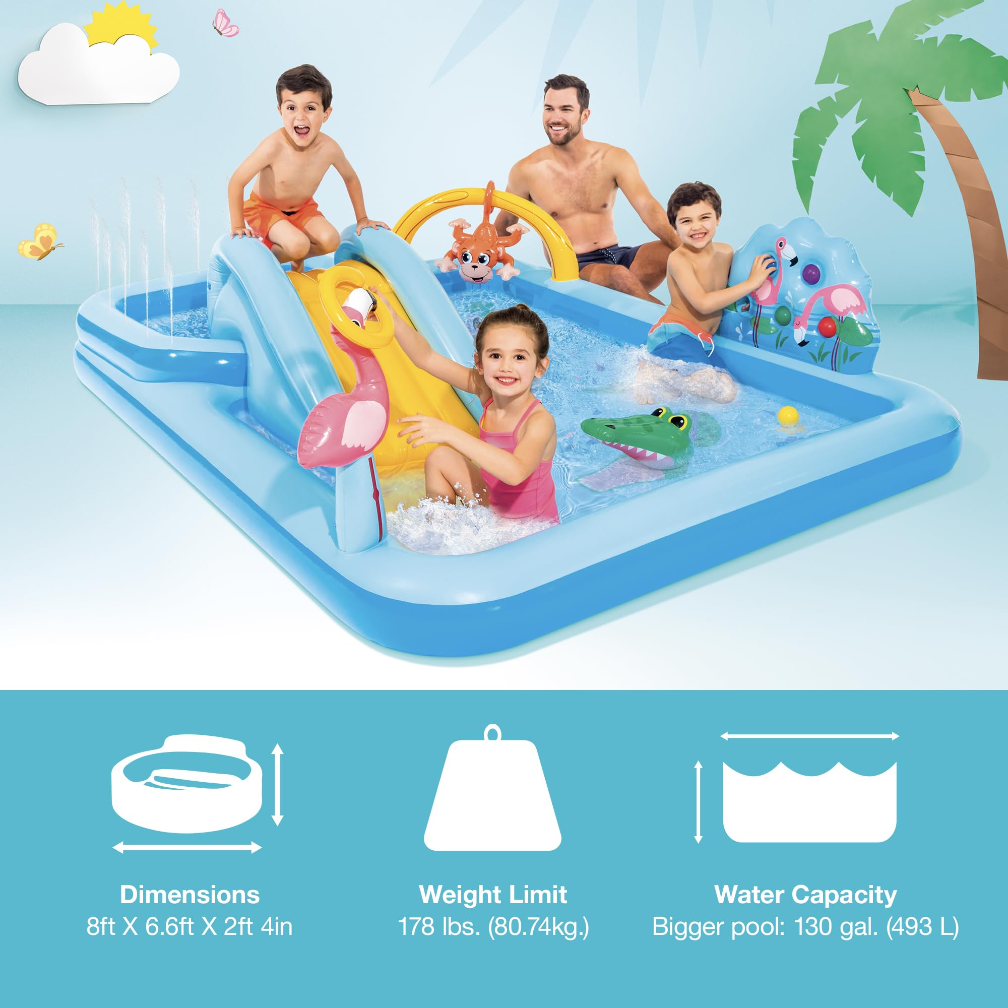 Intex Jungle Adventure Play Center water slide adds sunny outdoor thrills.