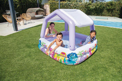 Intex kiddie pool 62x62x48 demonstrates compact size for small spaces.