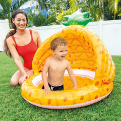 Intex Pineapple Baby Pool measures 40x37 inches, perfect for small yards and ages 1-3.