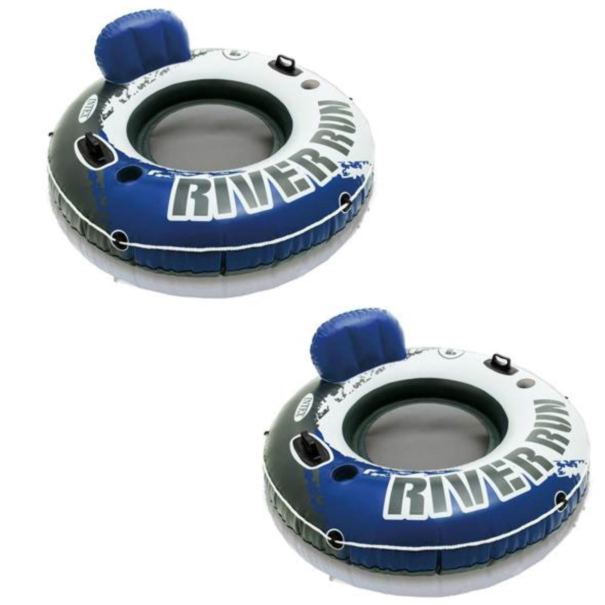 Intex River Run backrest lounge on water for solo relaxation; two-pack included.