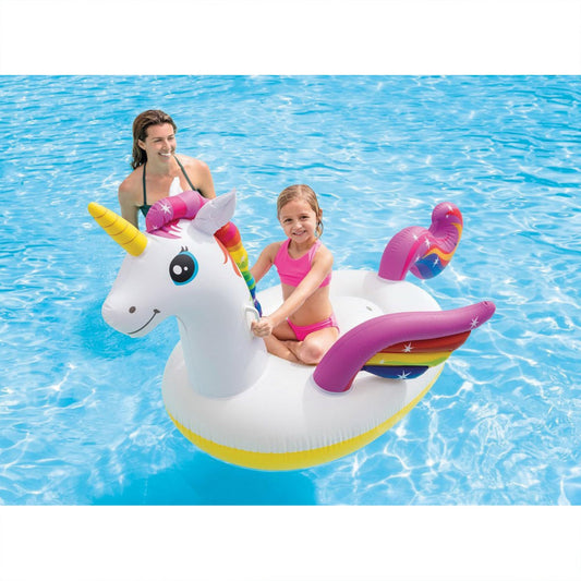 Close-up of the unicorn design on the Intex float from the side