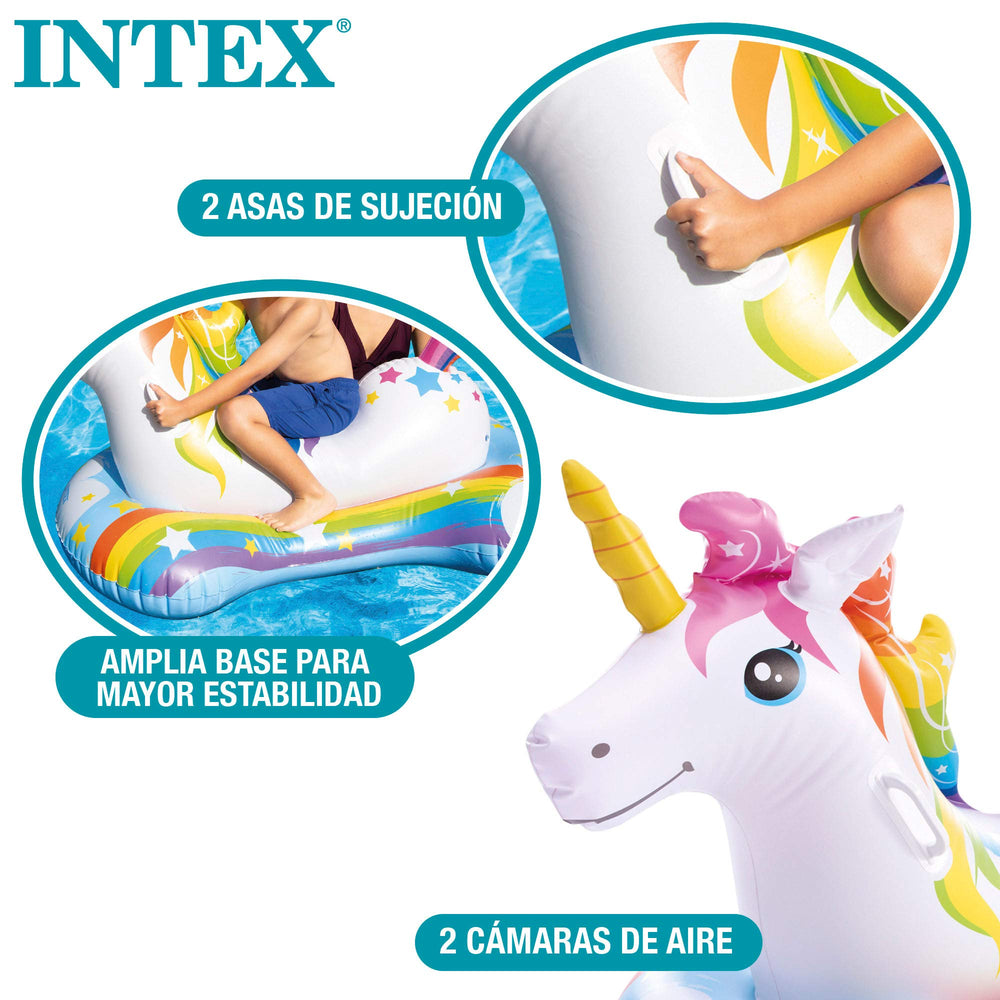 Intex Unicorn Ride-On inflation valve close-up; quick setup and easy deflation