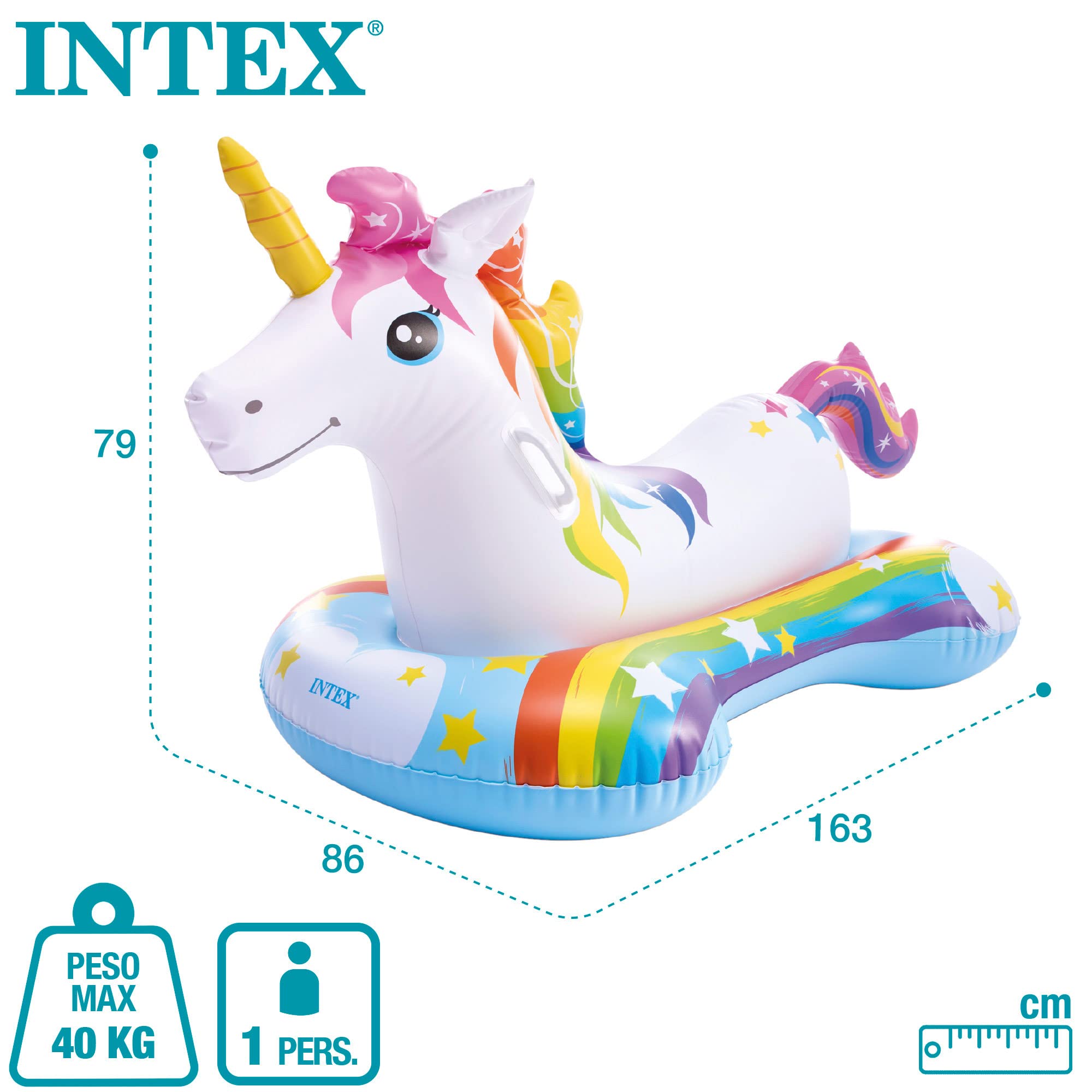 Intex Unicorn Ride-On floating in pool; ideal for family pool activities