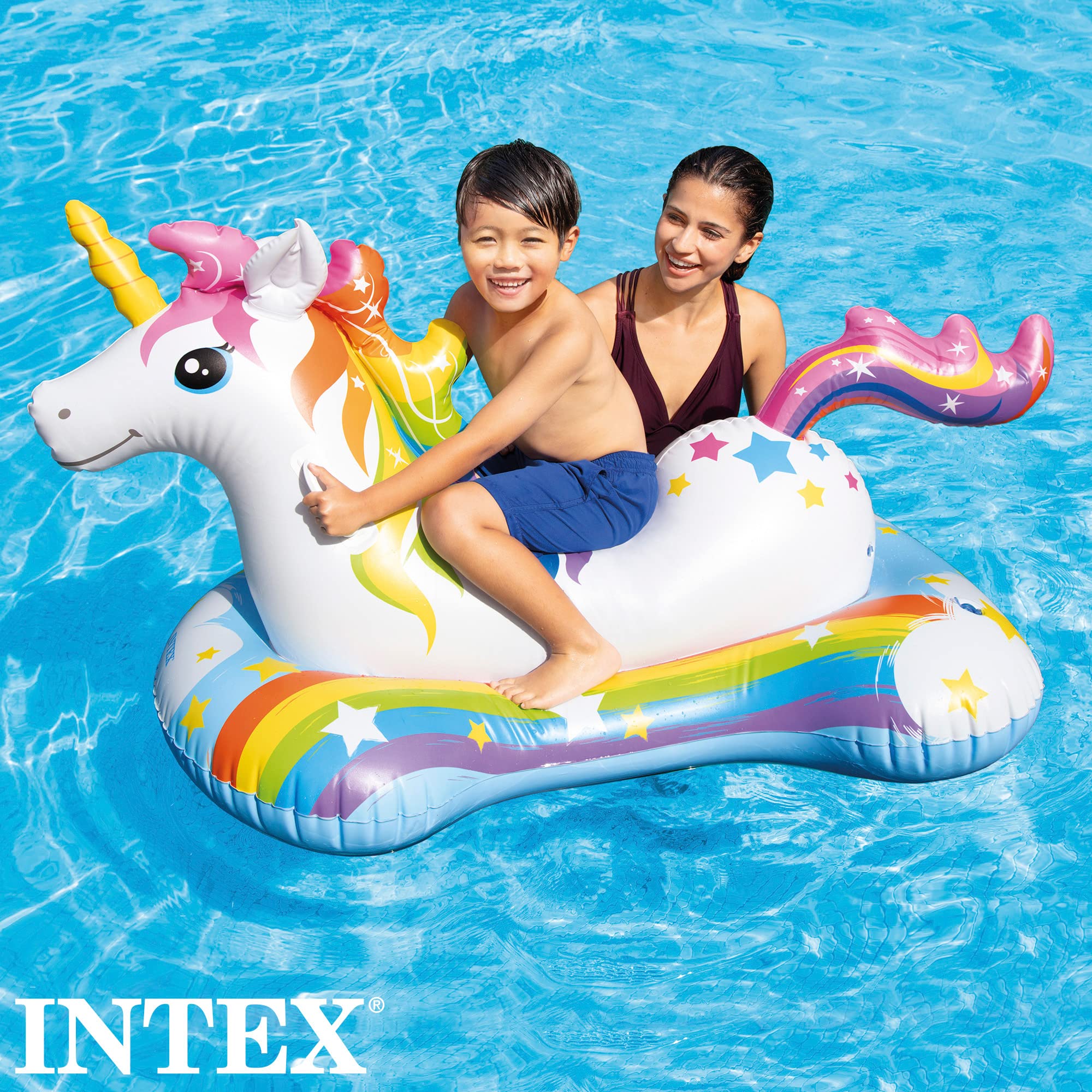 Intex Unicorn Ride-On side view; playful pool companion for imaginative play