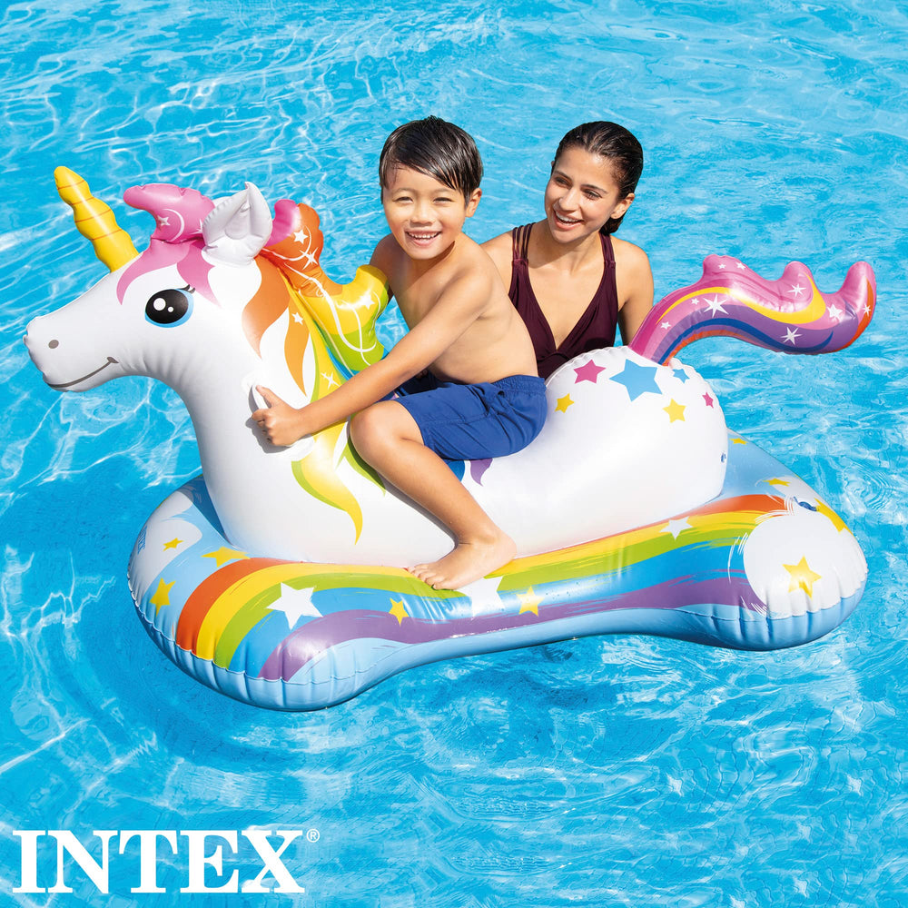 Intex Unicorn Ride-On side view; playful pool companion for imaginative play