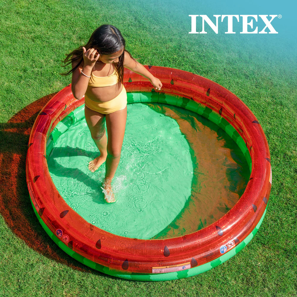 Colorful watermelon print pool features sturdy floor for toddler splash time