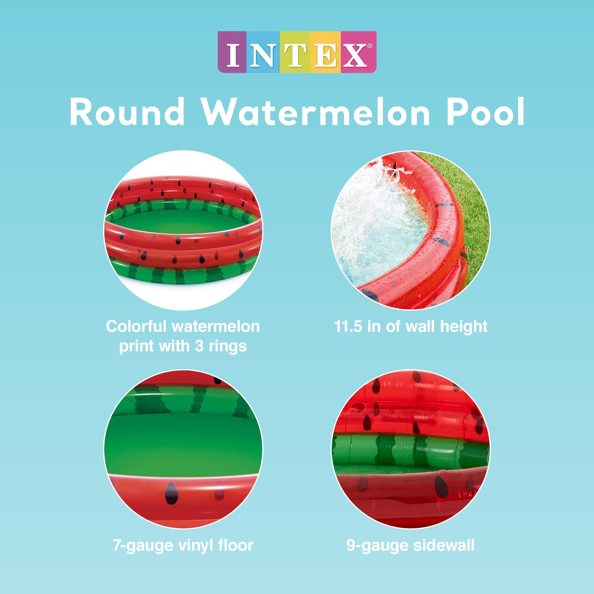 Intex watermelon pool's durable 9-gauge rings support energetic play