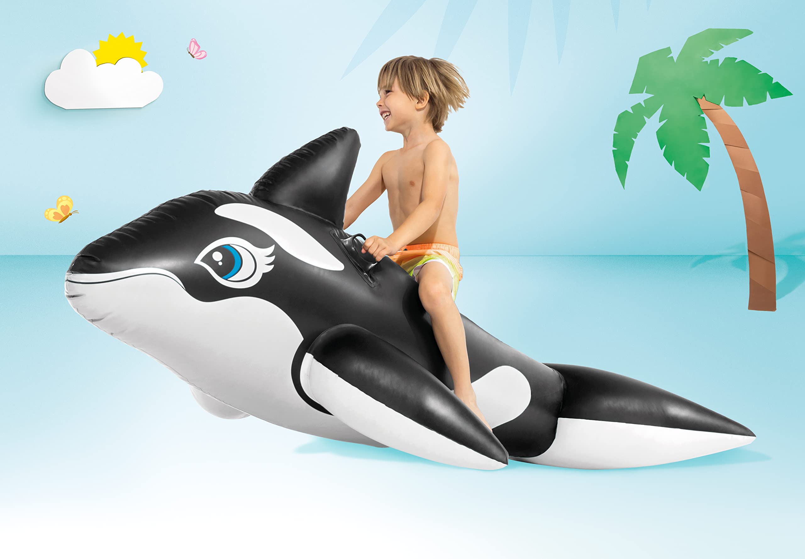 Intex Whale Inflatable Pool Float front view highlights two air chambers for safety.