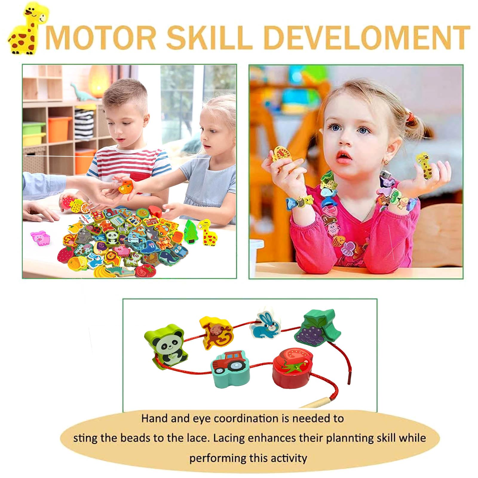 Intsinzi child threading beads in action promotes fine motor and concentration during pretend play.
