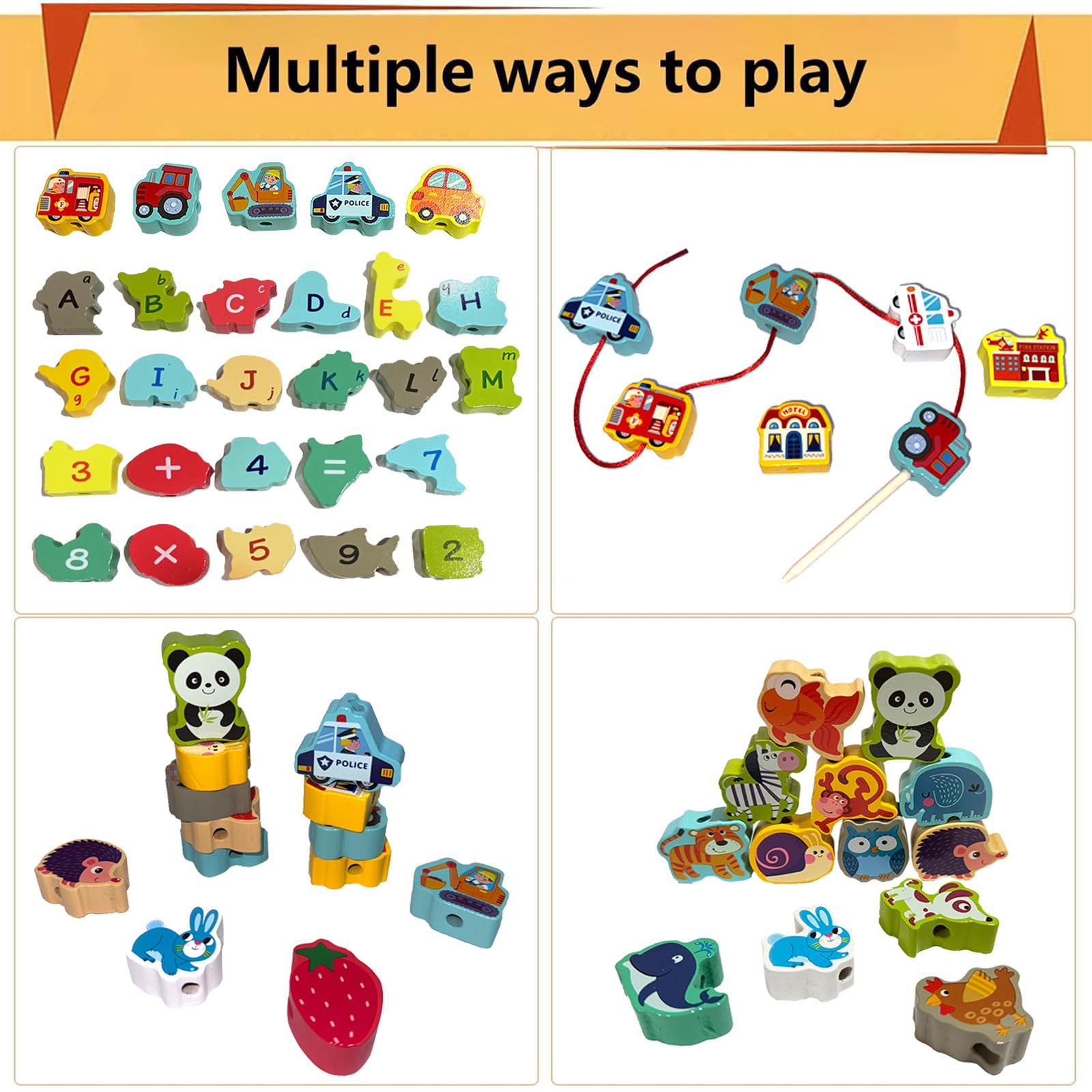 Intsinzi wooden lacing beads close-up with cars, animals, and vegetables for recognition play.
