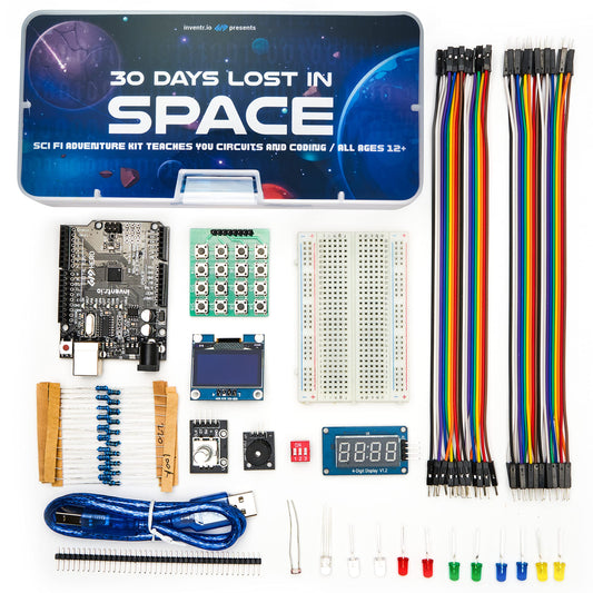 Inventr Adventure Kit: 30 days space storyline video for hands-on electronics learning.