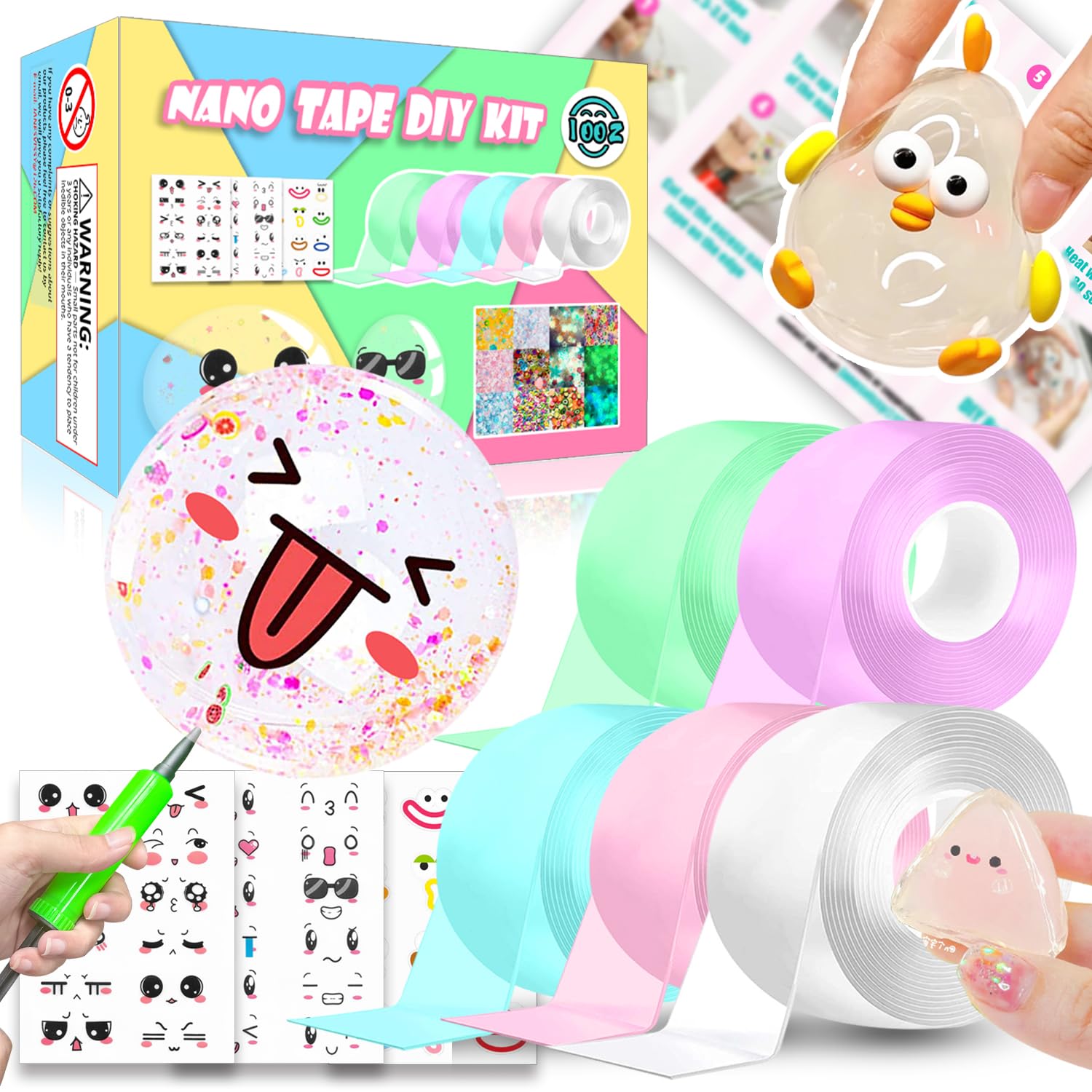 IOOZ Nano Tape Bubbles Kit packaging showing contents for creative play and safety.