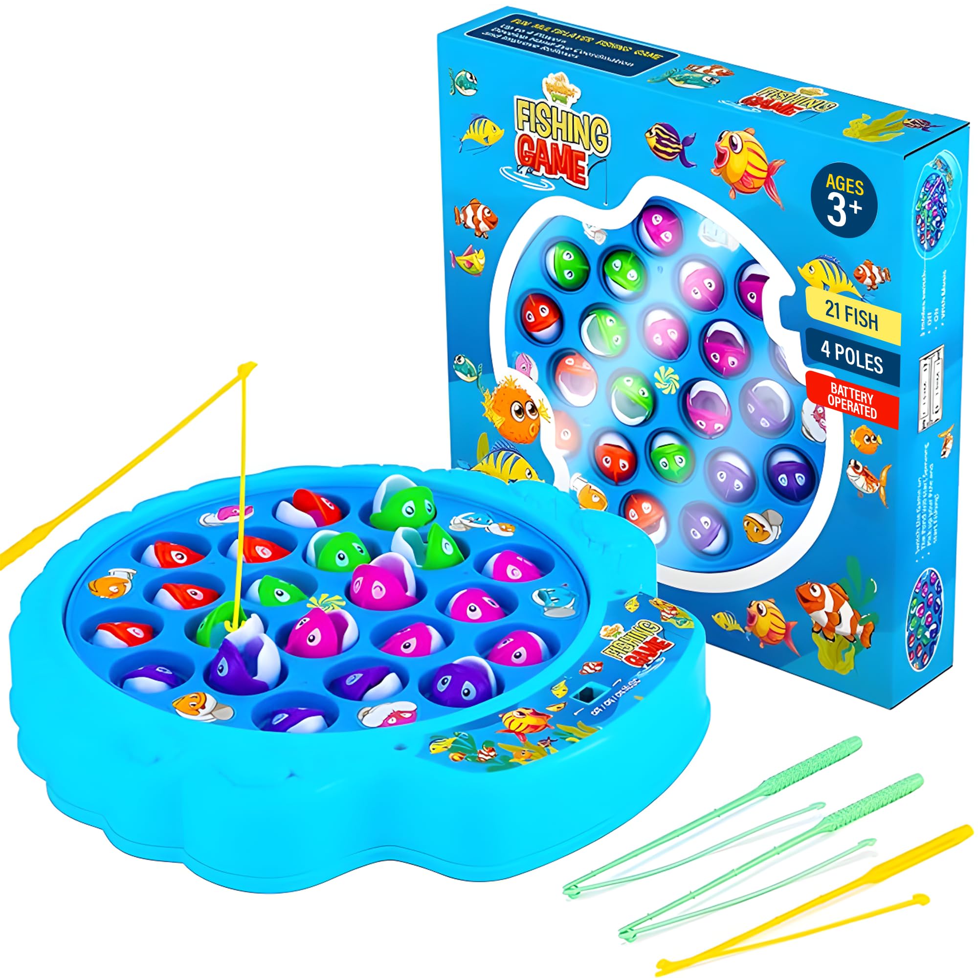 IPIDIPI TOYS fishing game with 21 fish and four poles on a rotating board for group play.