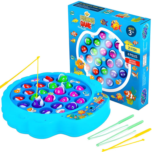 IPIDIPI TOYS fishing game with 21 fish and four poles on a rotating board for group play.