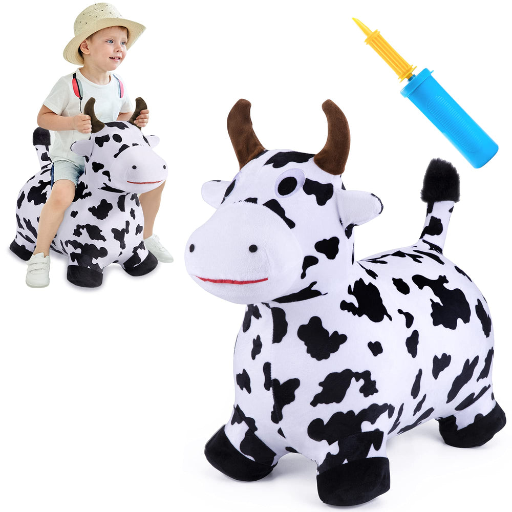iPlay Bouncy Pals Cow hopper front view supports safe indoor play.