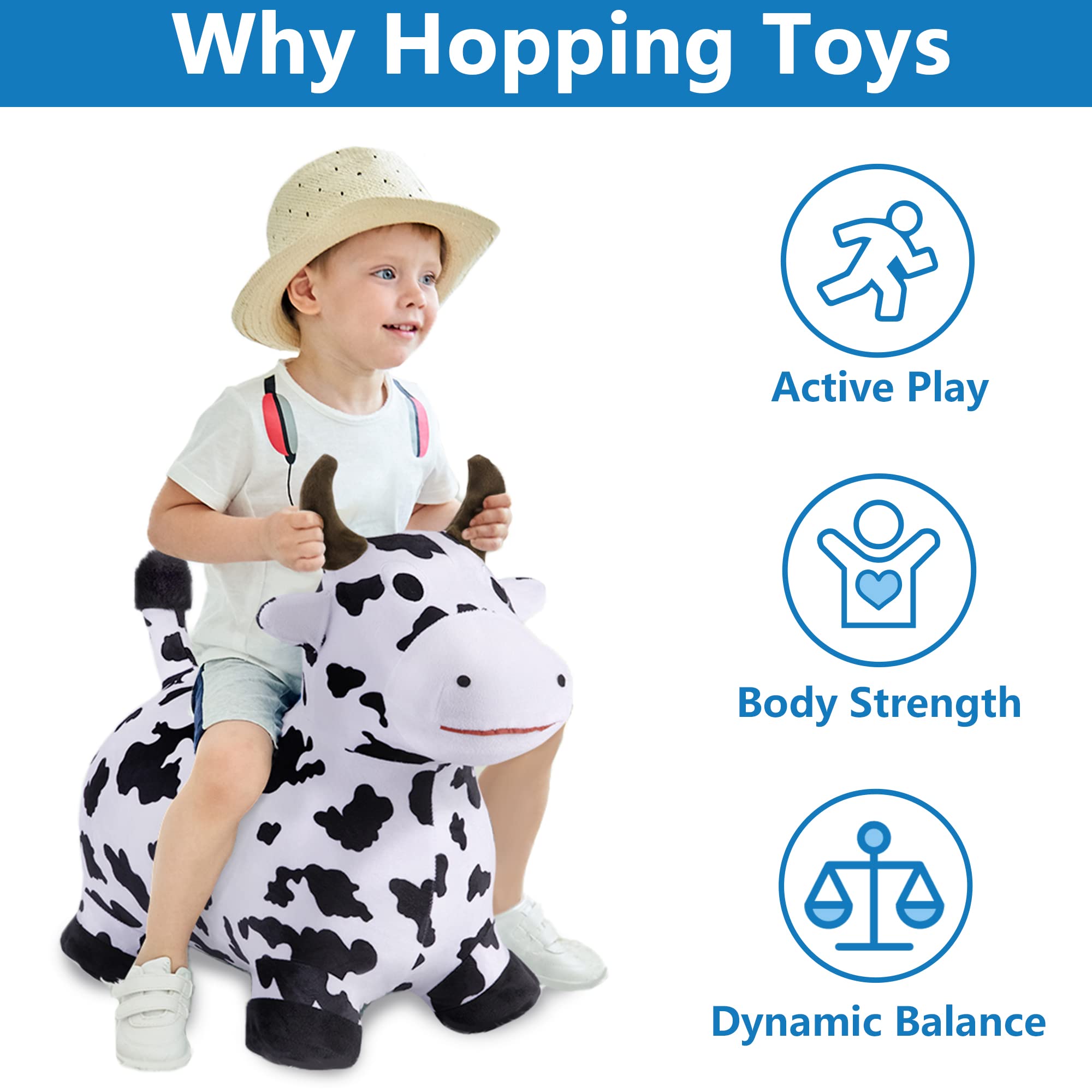 iPlay Bouncy Pals Cow hopper in action promotes active hopping fun.