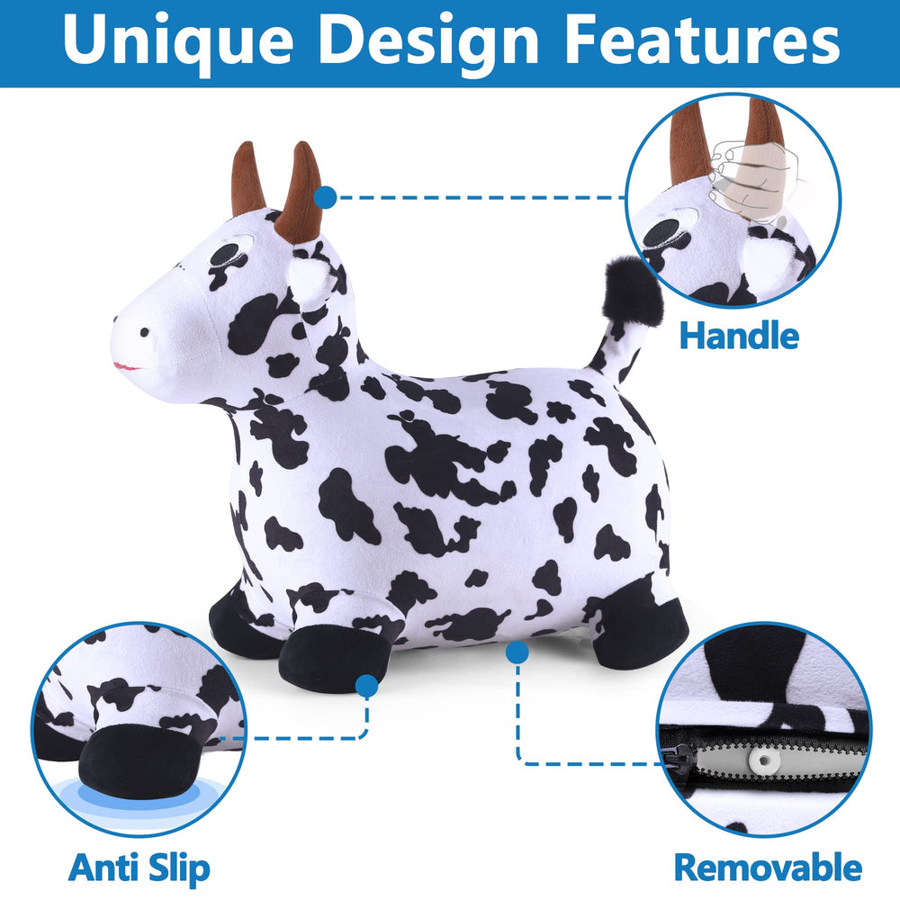 iPlay Bouncy Pals Cow hopper removable plush cover for easy cleaning.