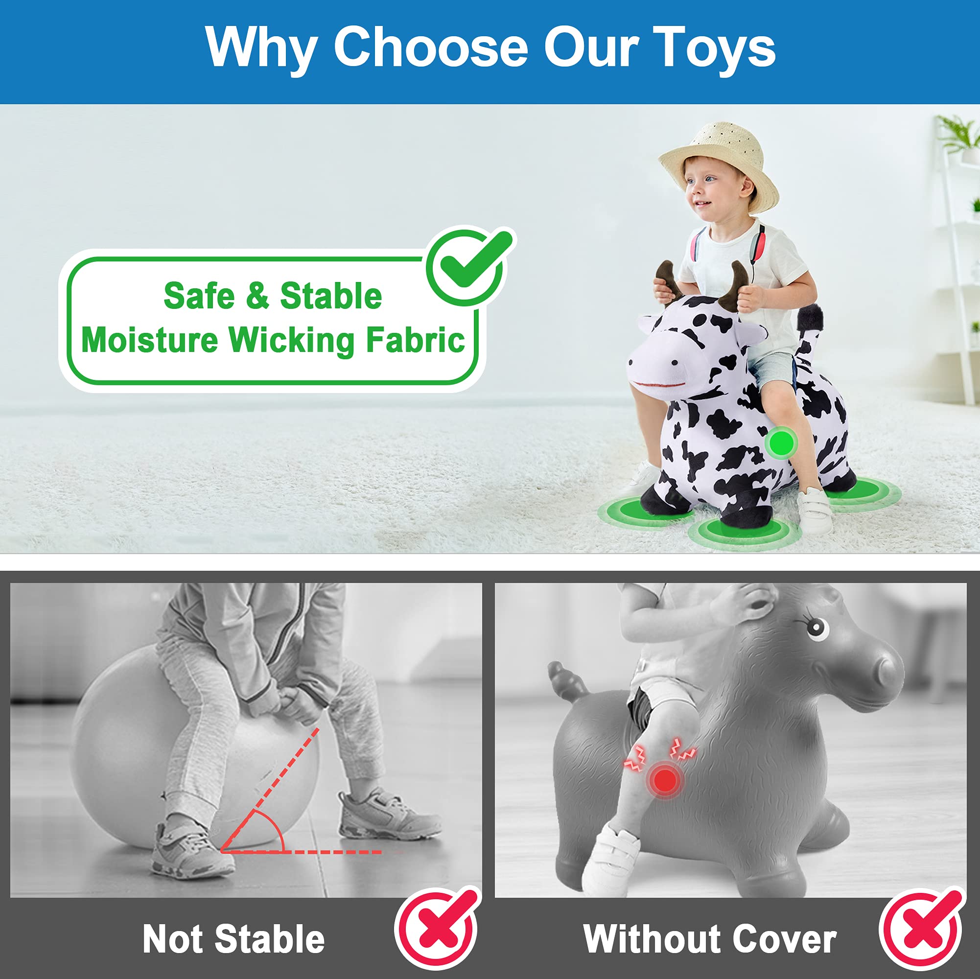 iPlay Bouncy Pals Cow hopper soft plush detail for cozy hugs.