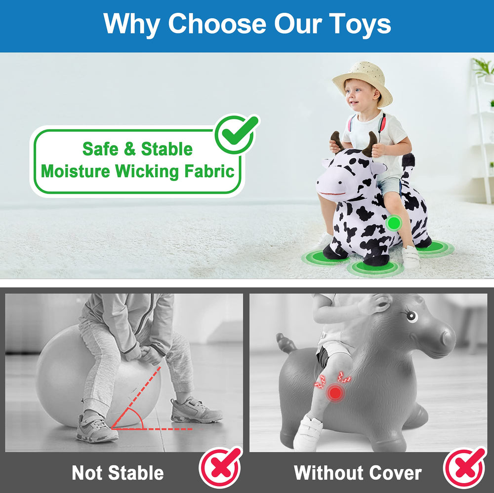 iPlay Bouncy Pals Cow hopper soft plush detail for cozy hugs.