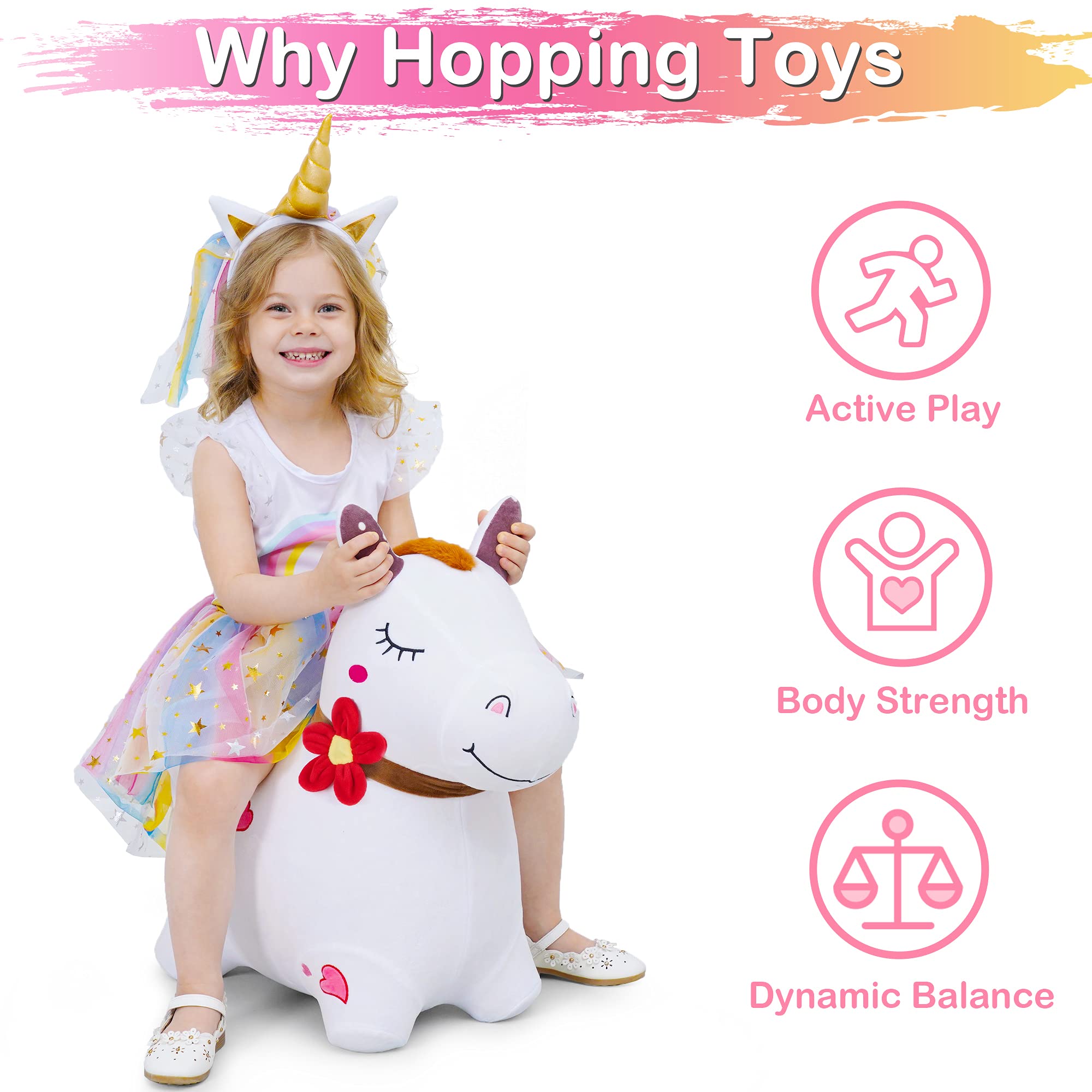iPlay Bouncy Pals horse shown with pump for easy inflation.