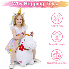 iPlay Bouncy Pals horse shown with pump for easy inflation.