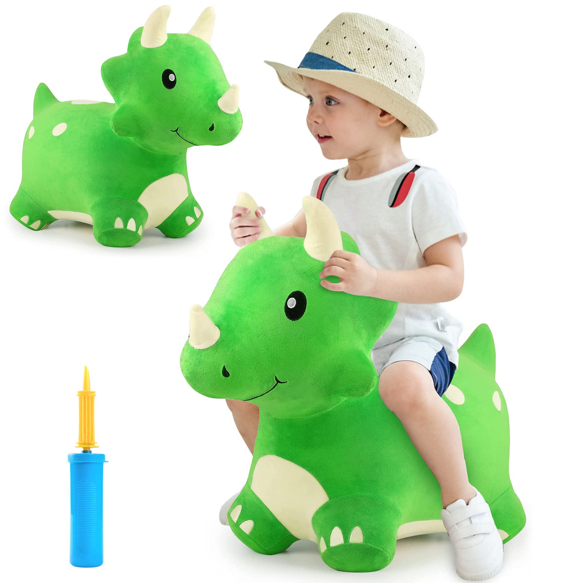 iplay bouncy triceratops toy with washable plush cover for gentle play
