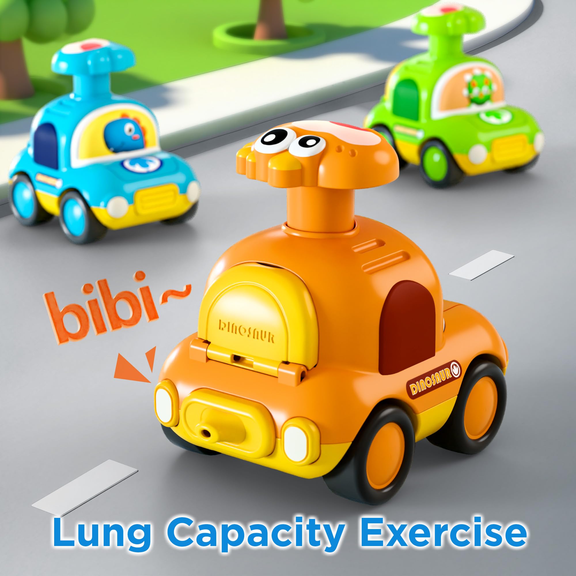 iPlay blue dinosaur car features a whistle for interactive play sessions
