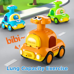 iPlay blue dinosaur car features a whistle for interactive play sessions