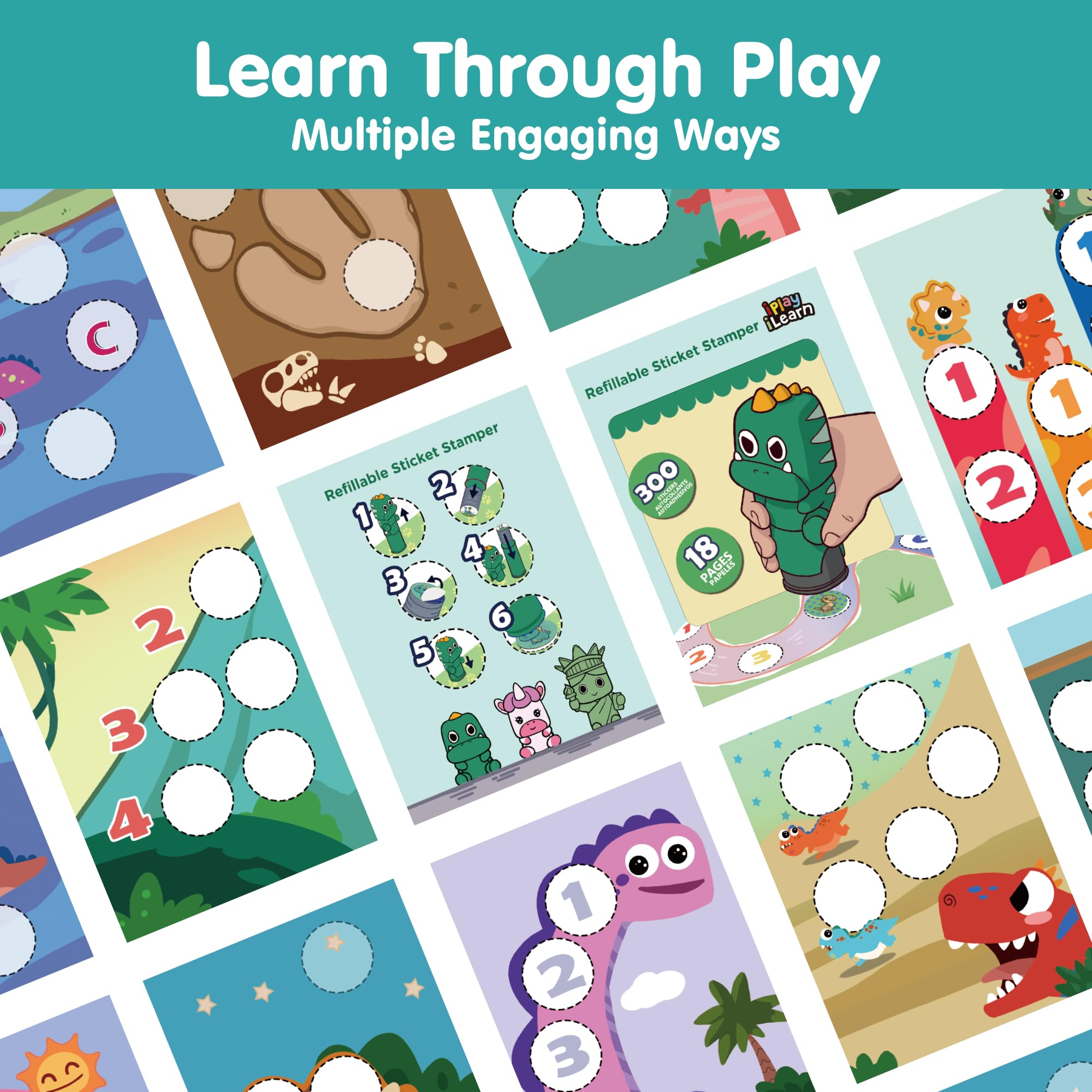 iPlay iLearn 18-page activity book open with Jurassic scenes