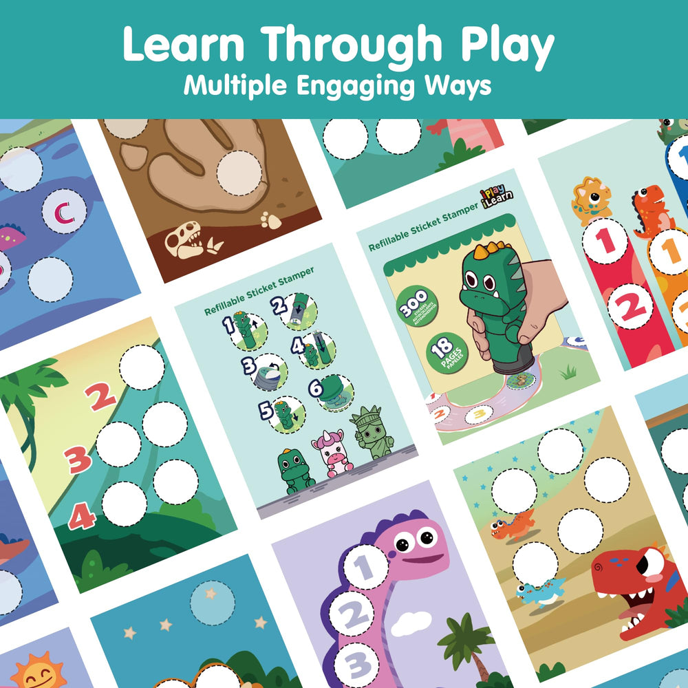 iPlay iLearn 18-page activity book open with Jurassic scenes
