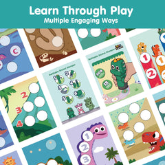 iPlay iLearn 18-page activity book open with Jurassic scenes