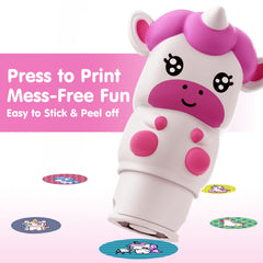 iplay ilearn 18-page unicorn activity book opened, durable pages for repeated stamping.