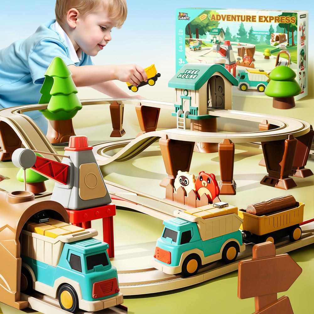 iPlay iLearn 62pcs construction track set with electric cargo train for imaginative play